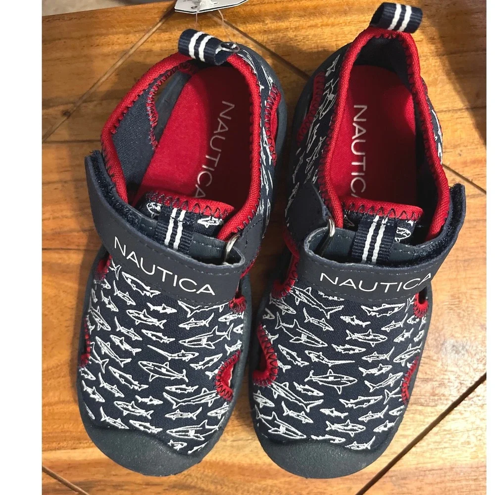 Nautica Kids Water Shoes Sandals Shark Print Navy Red Hook‎ Loop Size 9 NWT